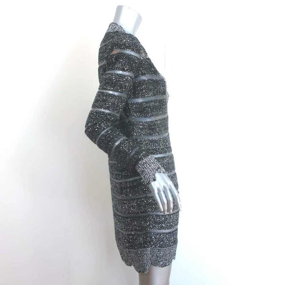 Balmain Sequined Striped Distressed Knit Mini Sweater Dress Black/Silver Size 36 - Picture 4 of 8
